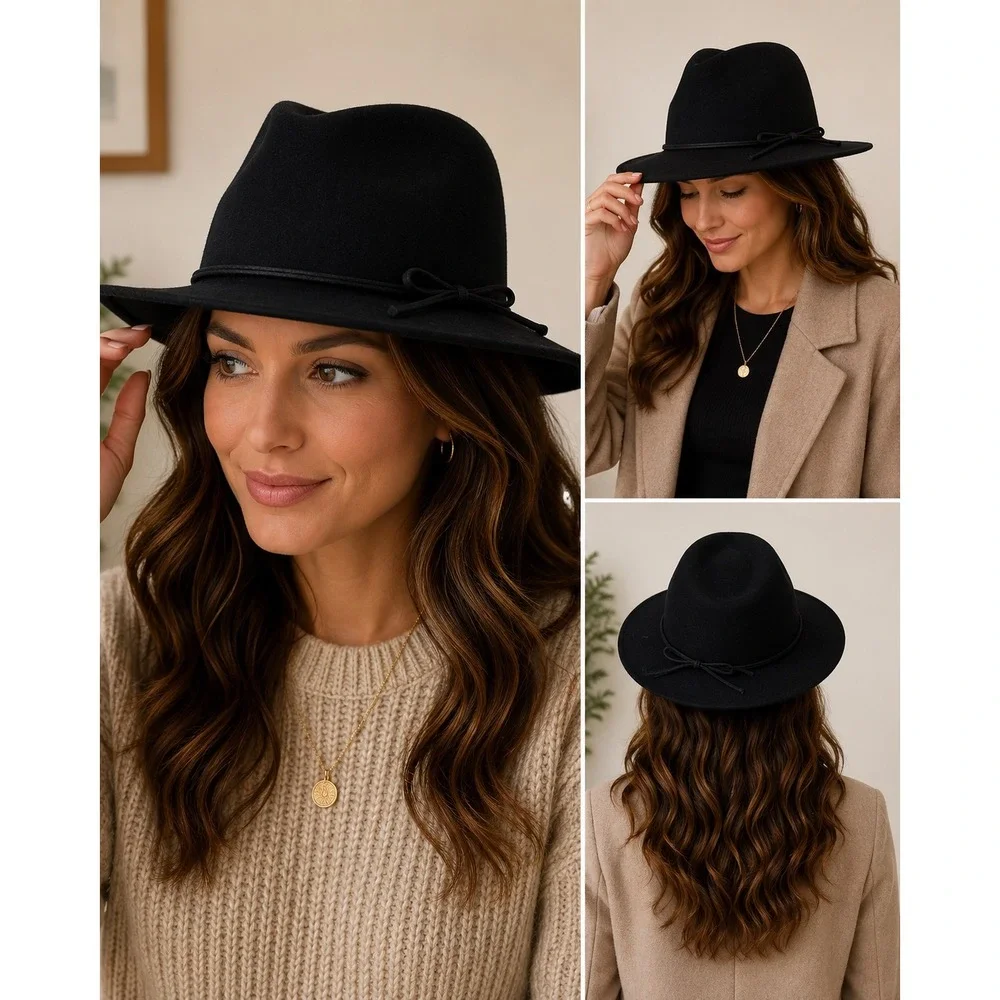 Banana Republic Black 100% Wool Fedora Wide Brim Bow Hat SM
